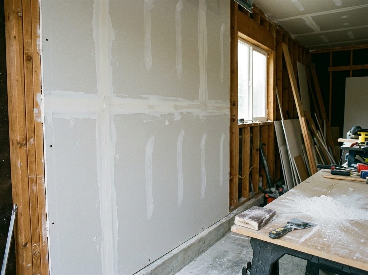Freshly hung and taped drywall on a garage wall frame