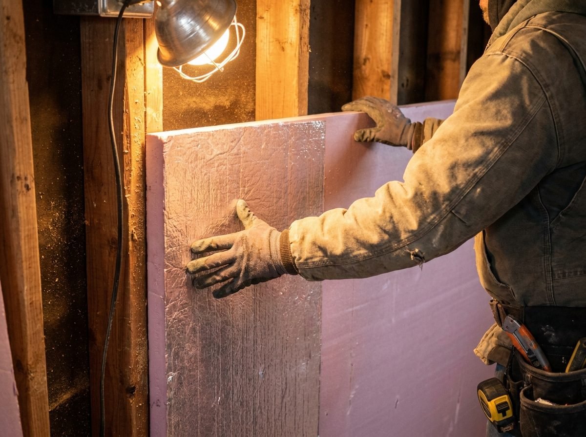 Contractor installing rigid foam insulation panels on a garage wall stud frame