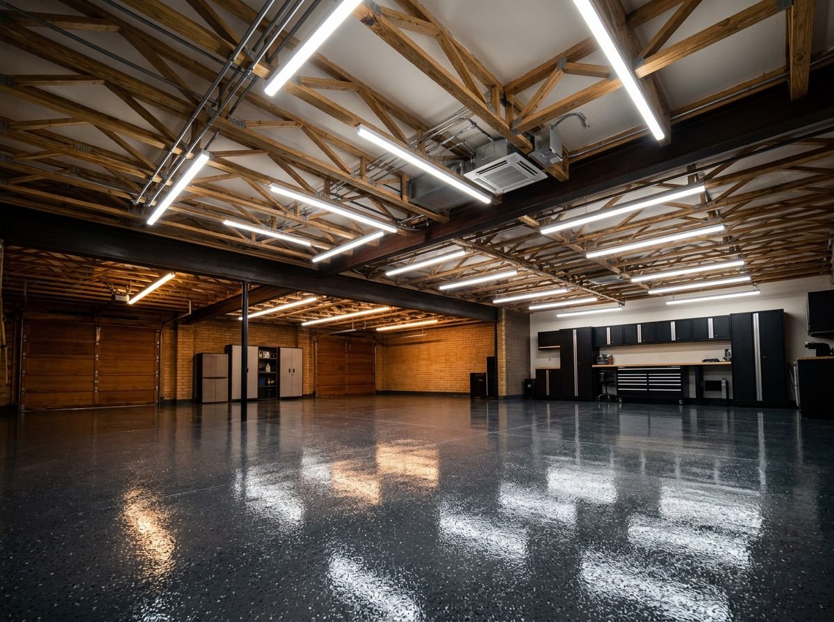 Garage ceiling with bright modern LED shop lighting over a glossy epoxy floor