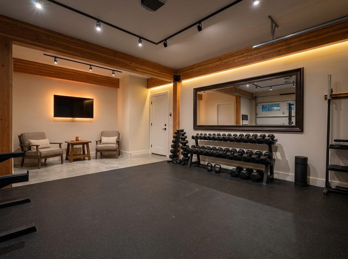Converted garage home gym with rubber flooring and a dumbbell rack
