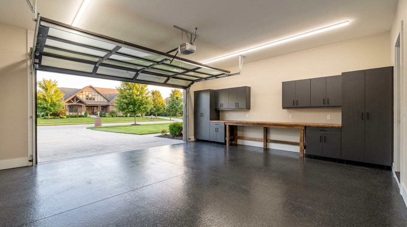 Fully finished three-car garage with epoxy floor, storage cabinets, and LED lighting