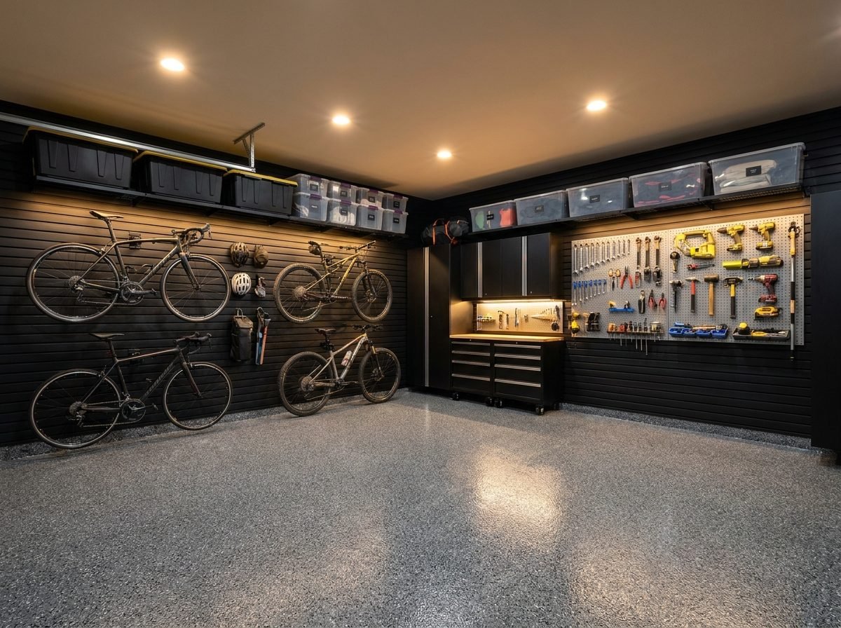 Organized garage with slatwall storage system and hung bicycles