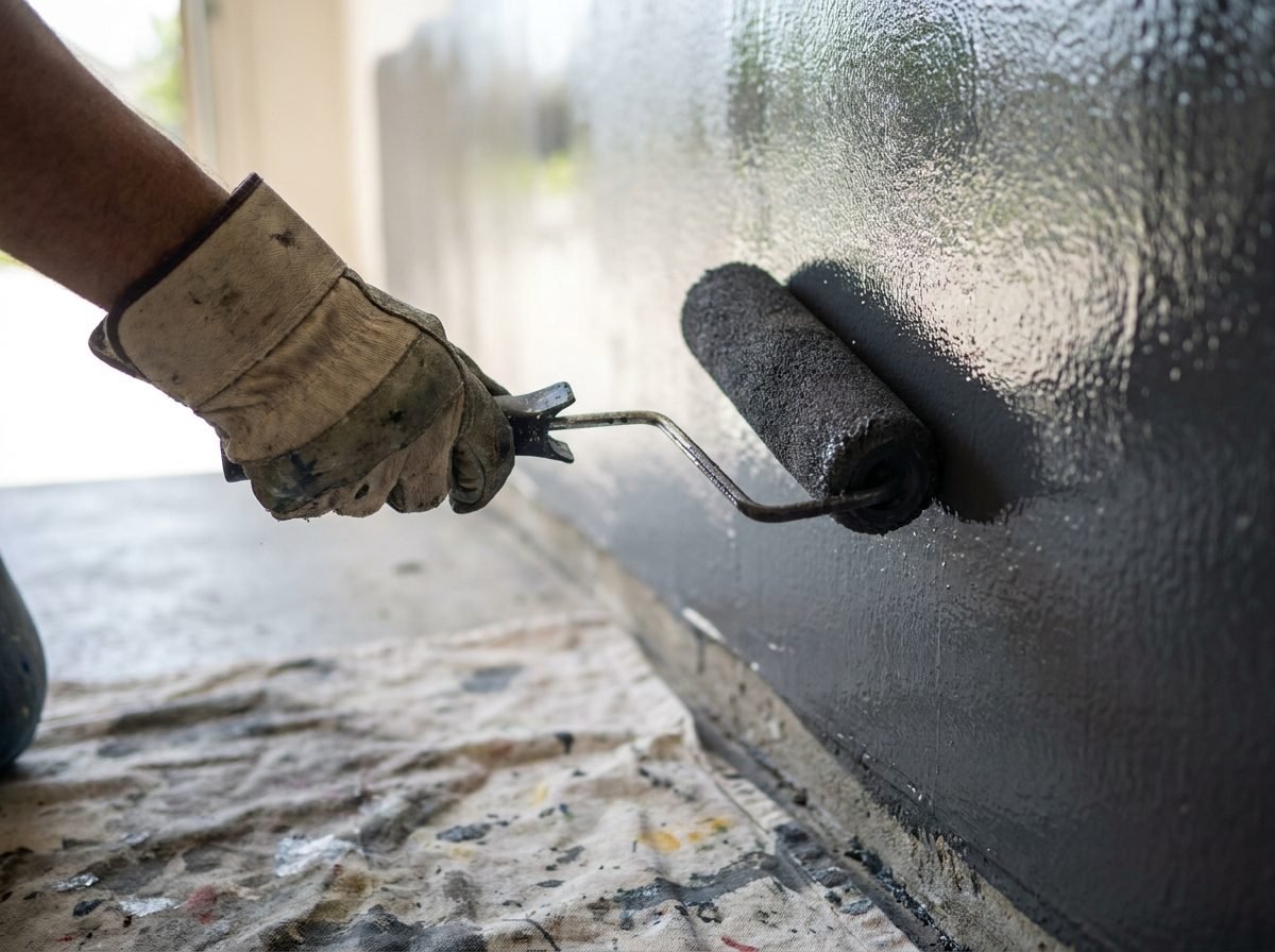 Contractor rolling charcoal epoxy paint onto a garage wall