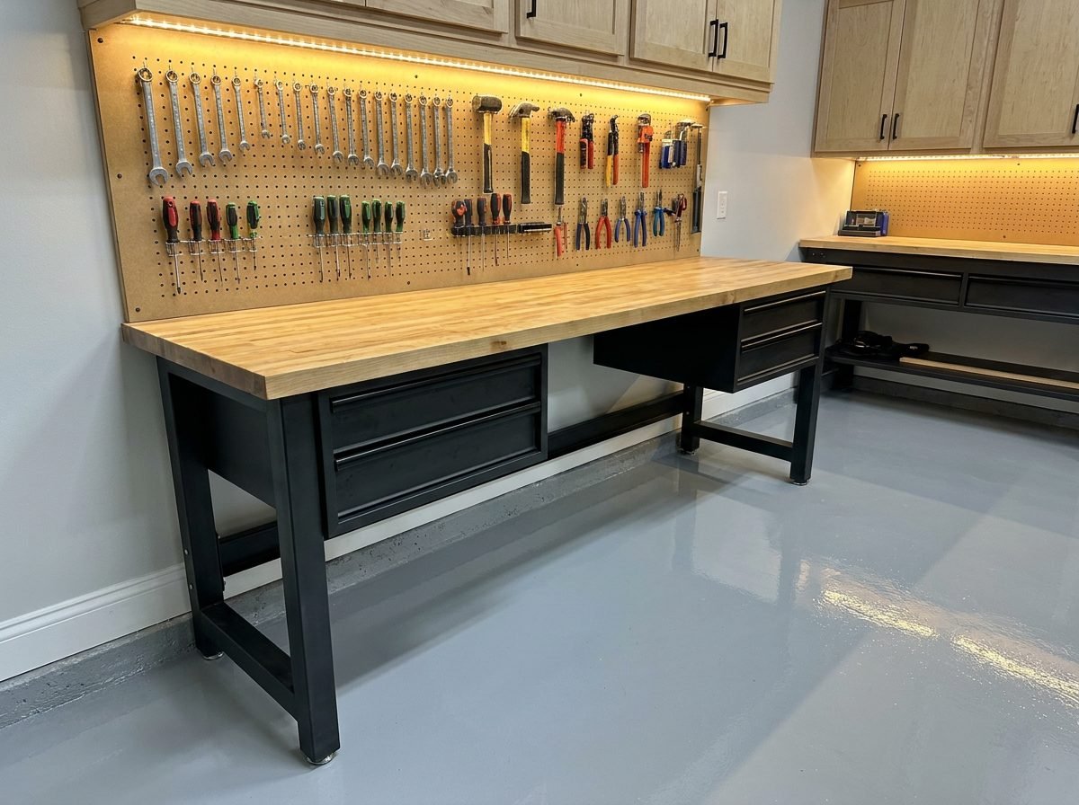 Wood and steel garage workbench with a pegboard tool wall above it