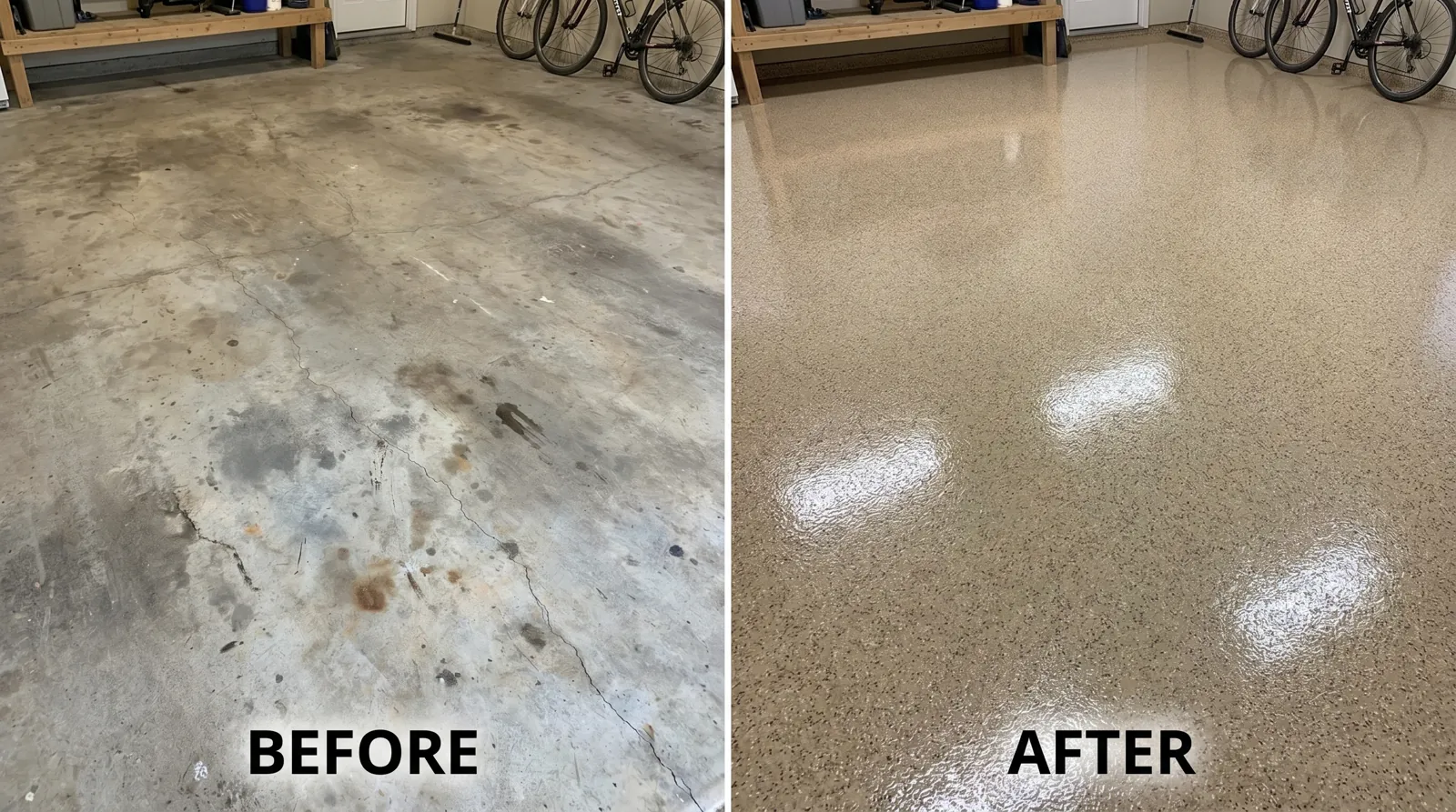 Garage floor before epoxy coating - bare stained concrete