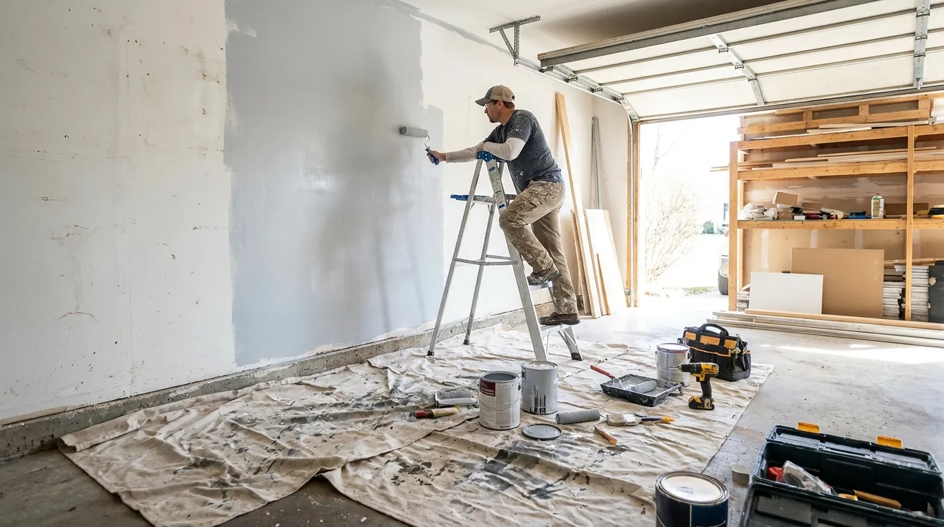 Contractor painting garage wall during remodel