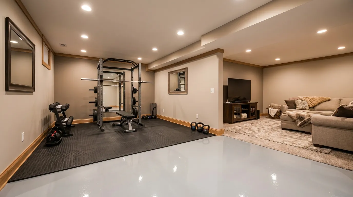 Finished basement floor coating with home gym setup